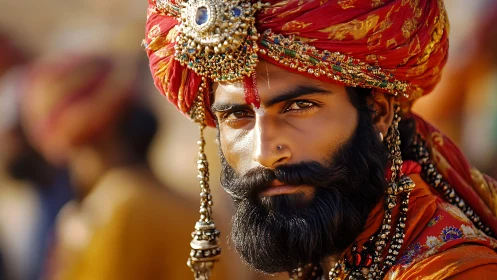 Portrait of regal man in ornate jeweled red turban.