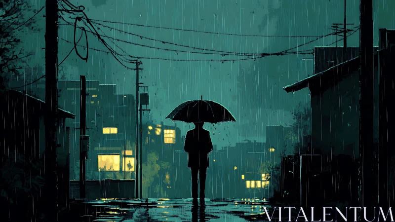 Silhouetted figure holds umbrella on rainy urban street