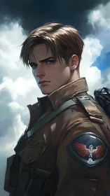 Brooding young pilot portrait under dramatic sky.