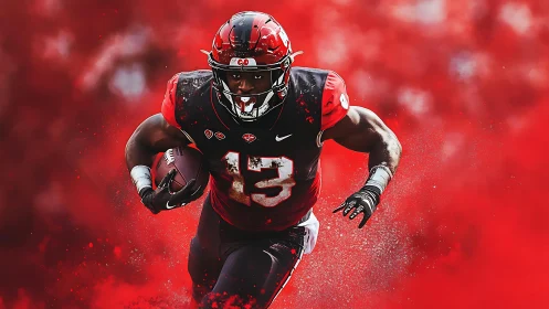 Football running back sprints through vivid red field storm.