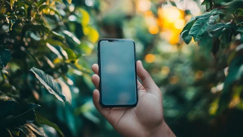 Smartphone held in hand against soft green foliage background.
