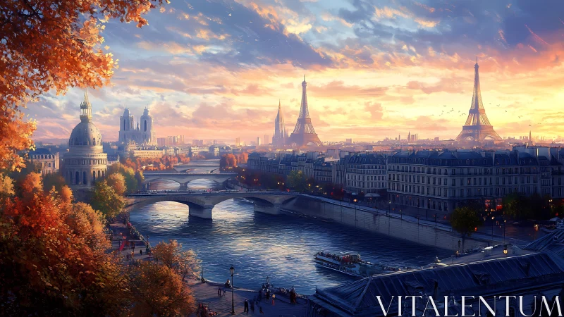Romantic Paris river skyline at sunset in vivid autumn tones.