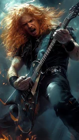 Explosive heavy metal guitarist solo with angular electric guitar