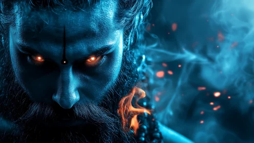 Blue-lit male face with glowing eyes and controlled fire effects