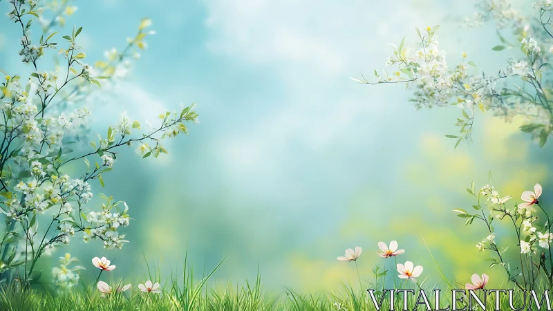 Gentle spring meadow where blossoms sway in soft light.