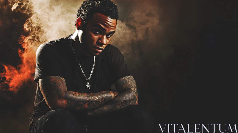 Low-key portrait isolates a tattooed subject in dramatic smoke