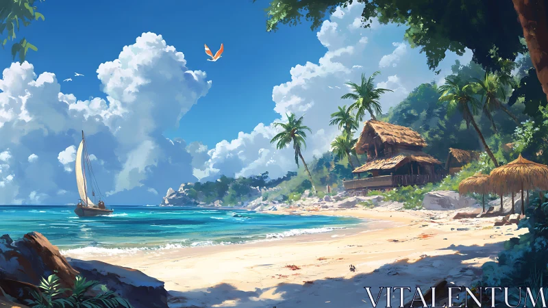 Tropical Beach Setting with Sailboat and Traditional Structures