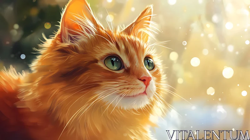 Luminous Orange Cat with Emerald Eyes in Golden Bokeh