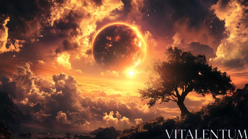 Tree silhouette framed by fiery planet over dense clouds