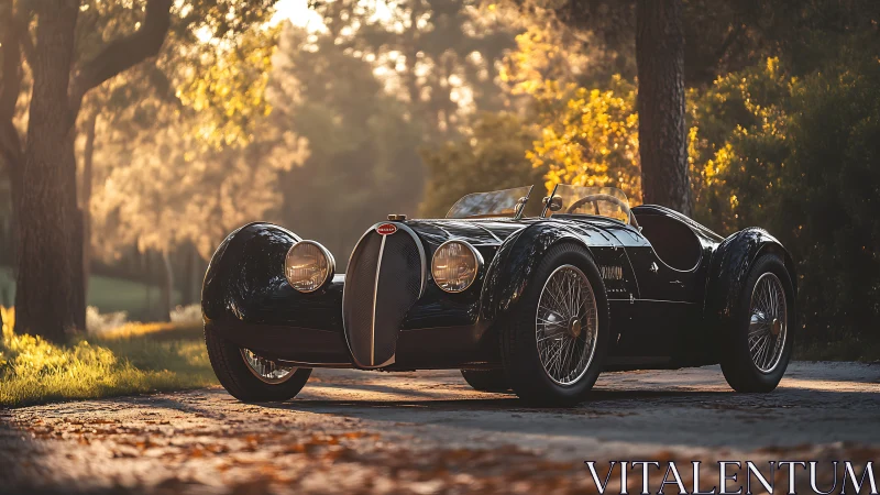 Elegant vintage roadster glowing in golden forest light.