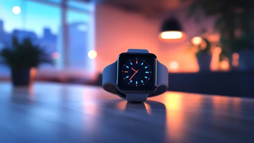 Smartwatch rests on tabletop under soft evening interior light