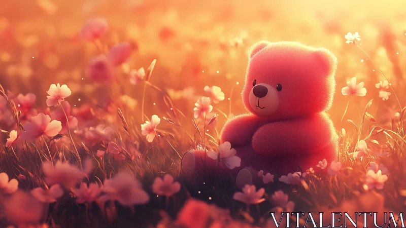Digital teddy bear model sits among stylized meadow flowers