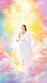 Radiant celestial goddess walks through luminous pastel clouds
