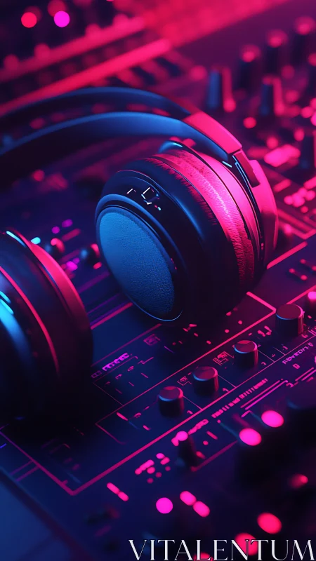 Cyberpunk audio rig with neon-lit headphones on mixer surface.