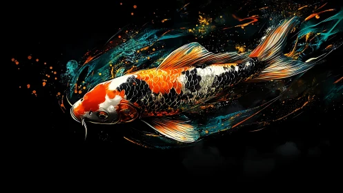 Koi carp rendered in dynamic chromatic strokes on black ground