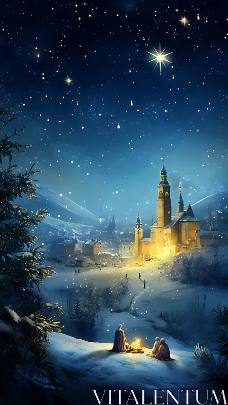 Star-lit winter townscape with illuminated church and figures