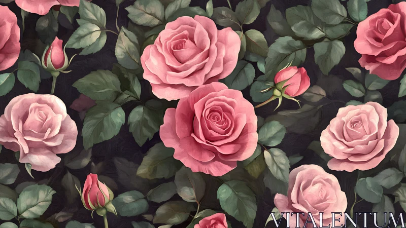 Digital botanical composition featuring pink roses with layered petal structure.