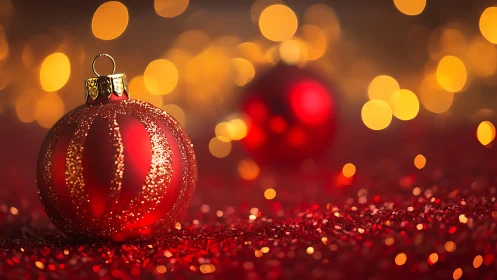 Ruby bauble basking in glitter and molten holiday bokeh.