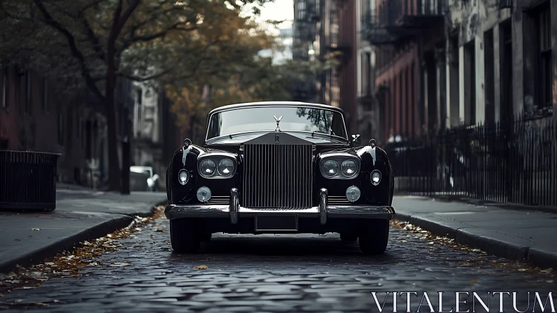 Vintage luxury sedan on cobblestone city street at dusk.