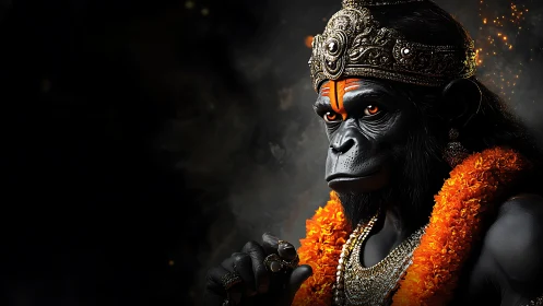 Simian warrior deity rendered in ornate photorealistic regalia.