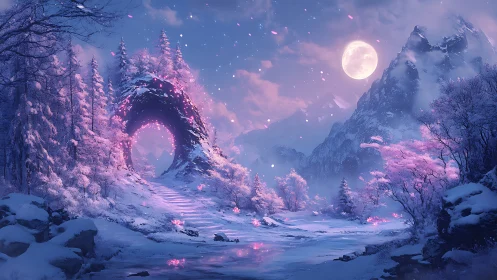 Moonlit blossom portal carves a path through winter silence