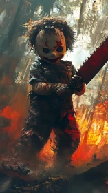 Masked horror doll with chainsaw in burning forest.