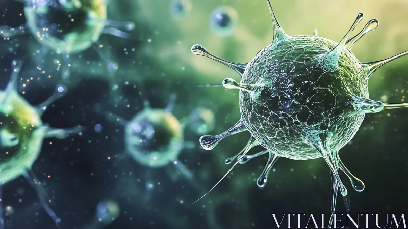 Microscopic viral particle render with translucent spike structure.