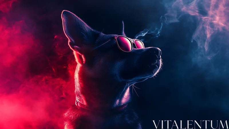 Cool neon-lit dog in sunglasses gazes through smoky glow.