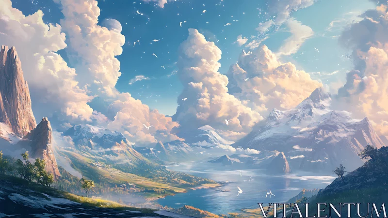 Sunlit alpine valley opens toward distant snow peaks and lake