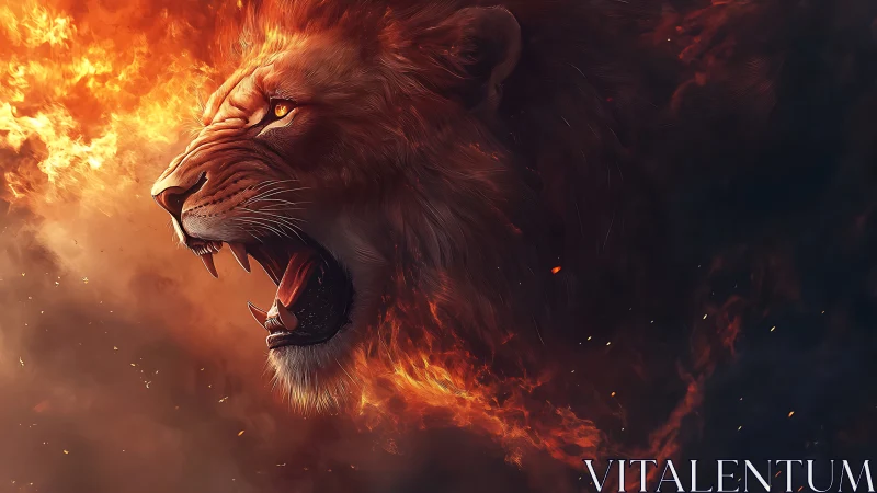Blazing lion roar carved from wildfire and midnight smoke.