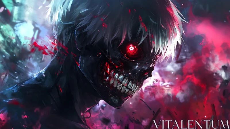 Cybernetic ghoul portrait renders exposed jaw, glowing ocular core