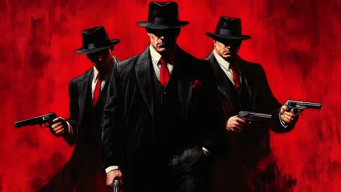 Three armed gangsters in suits against vivid red backdrop.
