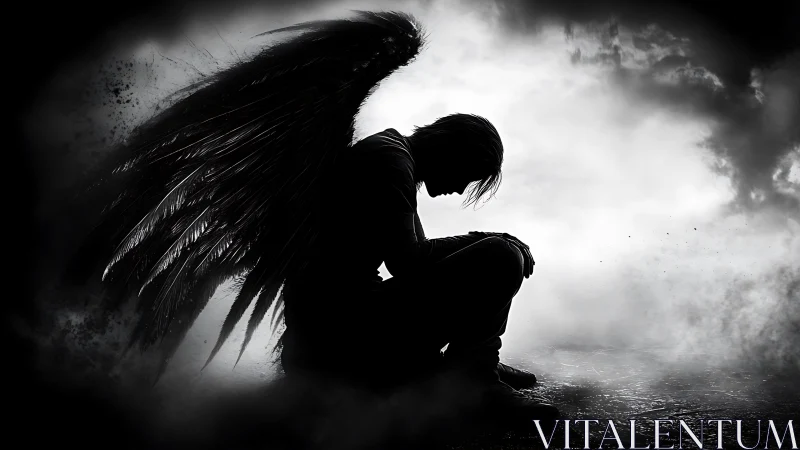 Fallen angel kneels in stormy light, wrapped in shadowed grief