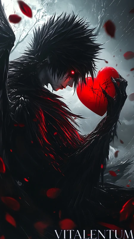 Crimson-eyed raven wraith cradles a burning scarlet heart.