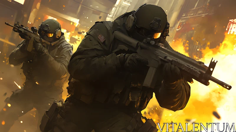 Tactical operators advancing through urban blast zone digital painting.