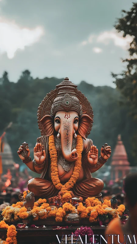 Ganesh idol with marigold garlands in ritual outdoor procession.