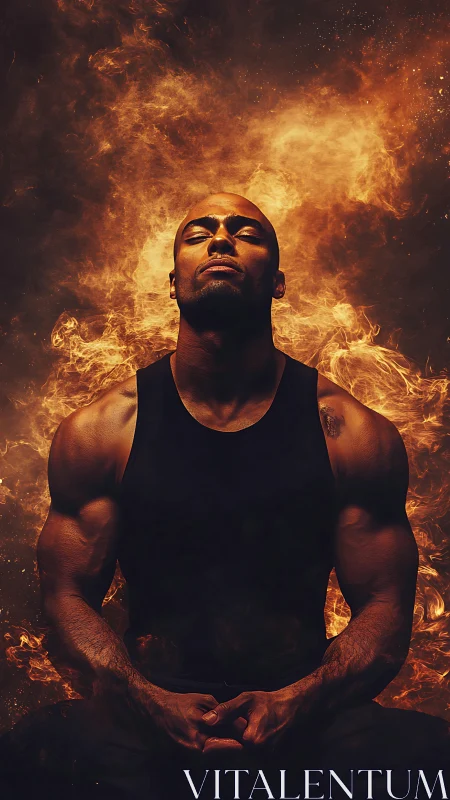 Muscular male figure in black tank, engulfed by stylized flames