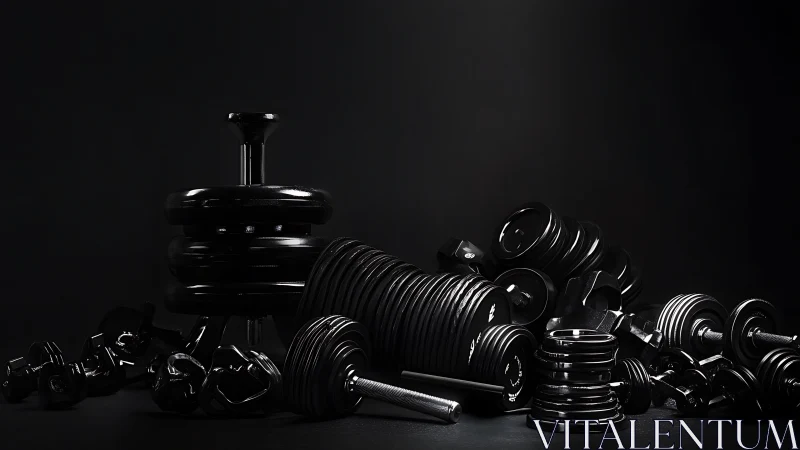 Black metal dumbbells and weight plates on dark surface.