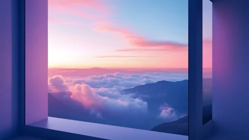 Soft sunrise window over cotton candy cloud mountains.