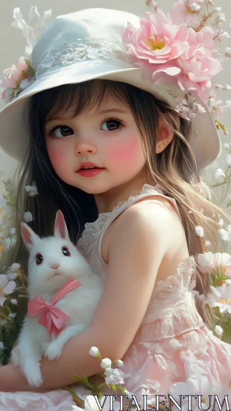 Hyper-detailed floral portrait of child and rabbit companion.