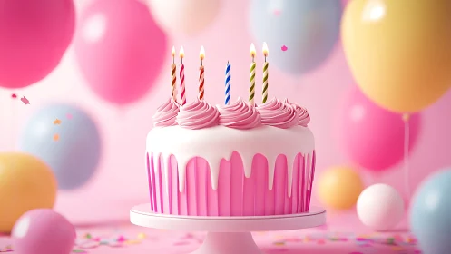 Birthday Cake with Lit Candles Surrounded by Colorful Party Balloons