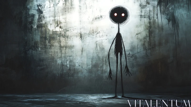 Nocturnal stick-figure entity in corroded industrial void.