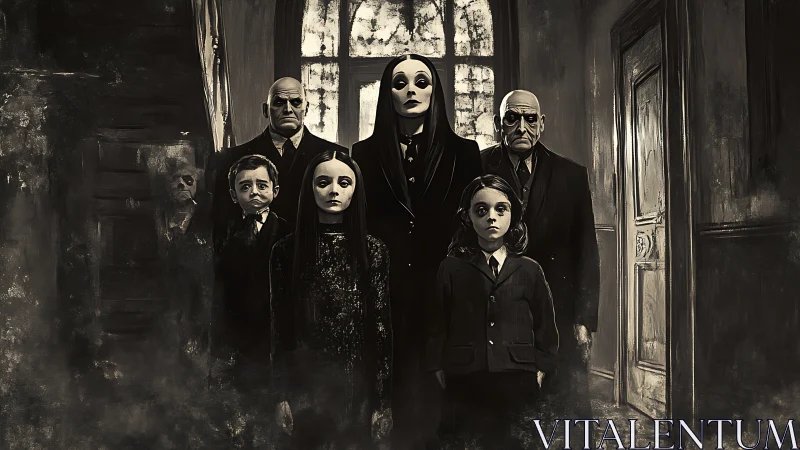 Monochrome gothic family portrait renders cinematic dread