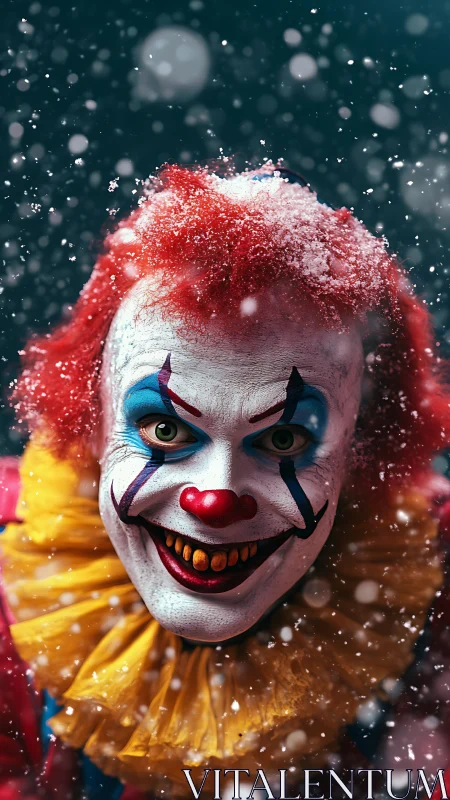 Snow-dusted sinister clown portrait with intense eye contact.