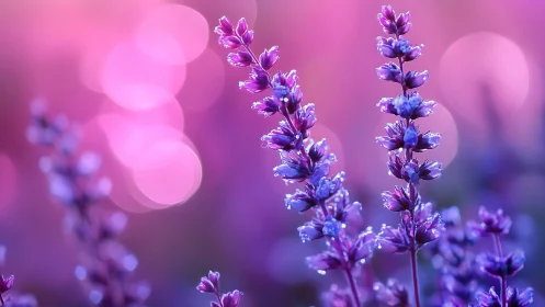 Purple Lavender Flowers with Dewdrops in Soft Focus.