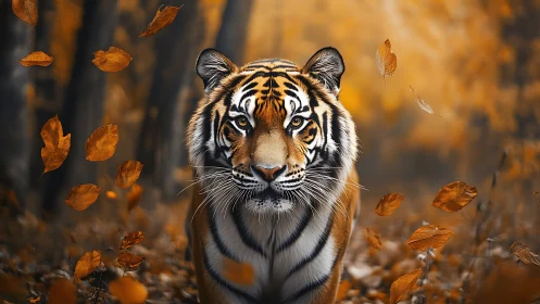 Autumn forest tiger portrait with golden bokeh foliage focus.