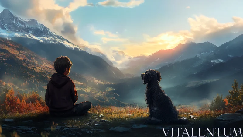 Sunset mountain moment shared by a quiet boy and his dog.