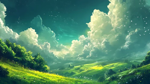 Sunlit hills strolling beneath towering summer clouds.