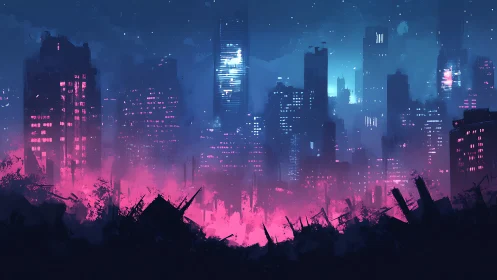 Neon lit futuristic city skyline over dark ruins at night.