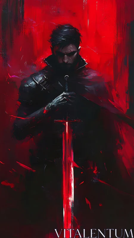 Digital painting of dark swordsman in red chiaroscuro field.